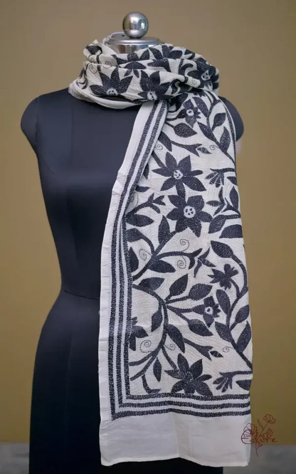 Off White on Black Bengal Kantha Embroidery Tussar Silk Handloom stole