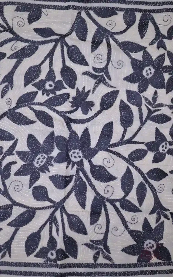 Off White on Black Bengal Kantha Embroidery Tussar Silk Handloom stole