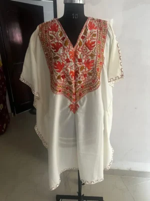 Off White Silk Embroidered Kaftan Set