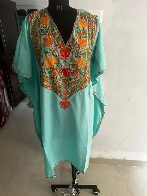 Cyan Blue Silk Embroidered Kaftan Set