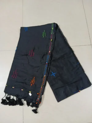 black cotton saree with hand-beaded motifs