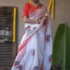 white with Mother love Applique work on Handloom Resham kota Saree