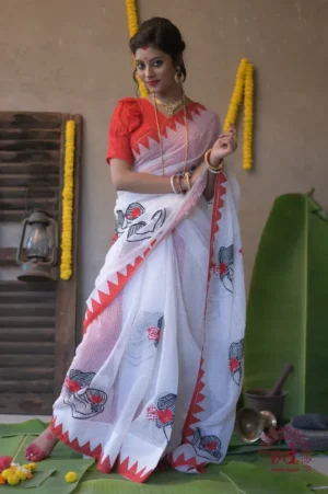 white with Mother love Applique work on Handloom Resham kota Saree