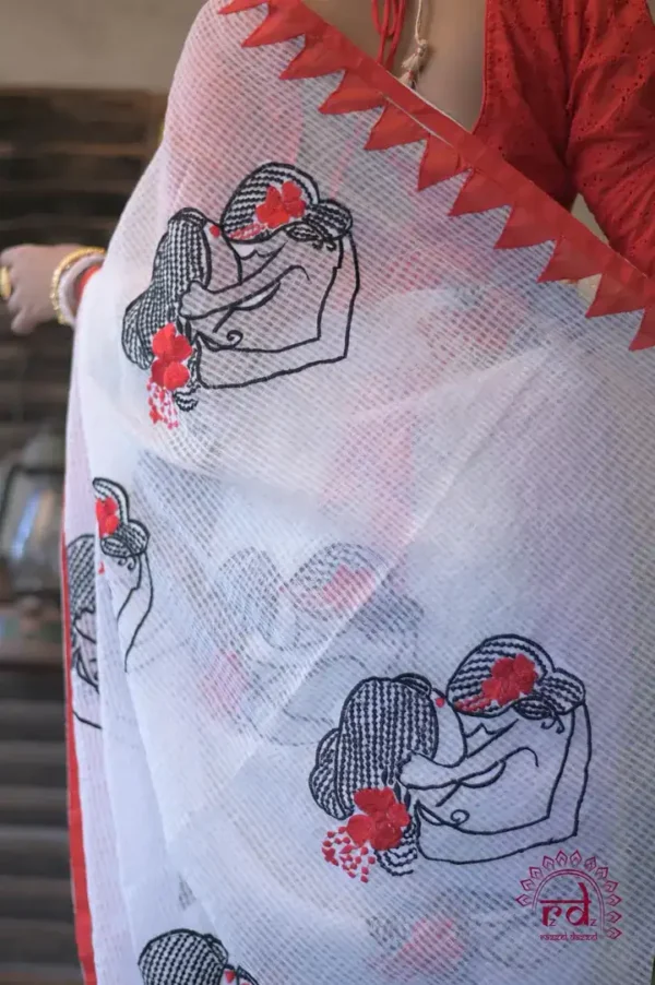 white with Mother love Applique work on Handloom Resham kota Saree