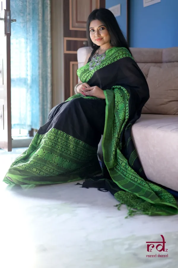 Black on Green threadwork Manipuri pattern handwoven mercerised Cotton saree