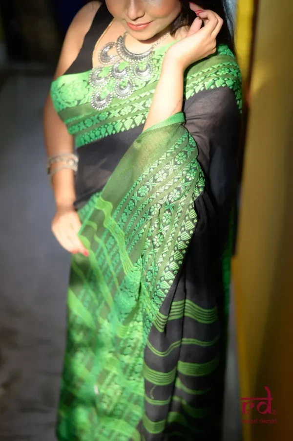 Black on Green threadwork Manipuri pattern handwoven mercerised Cotton saree