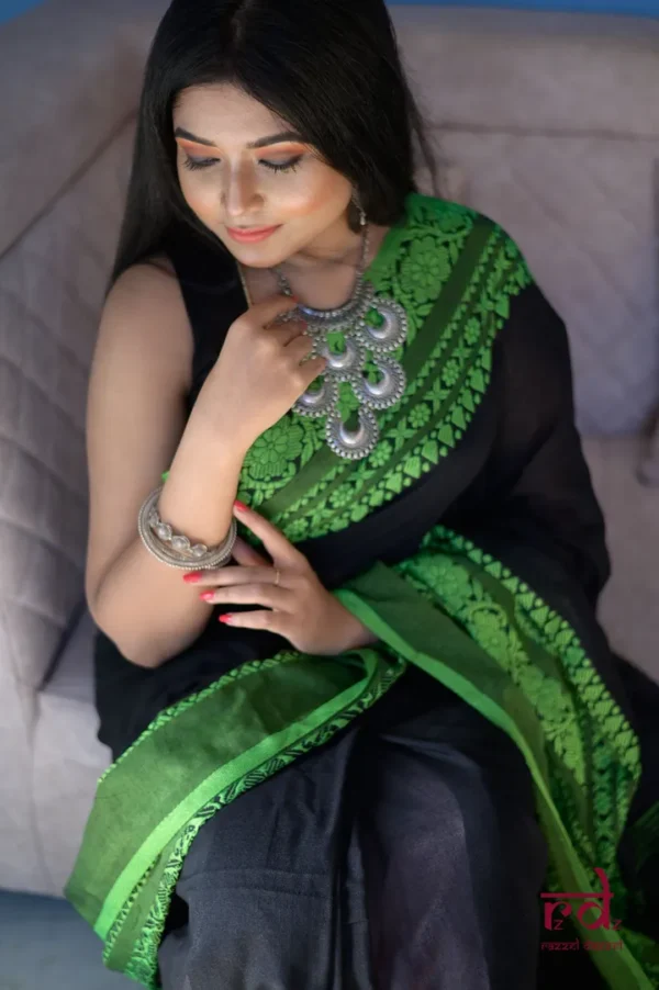 Black on Green threadwork Manipuri pattern handwoven mercerised Cotton saree