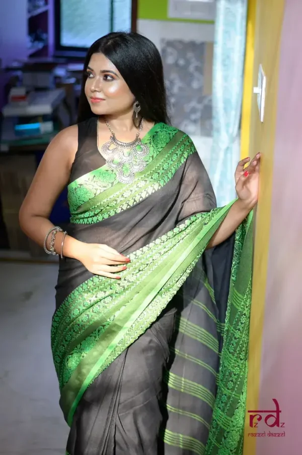 Black on Green threadwork Manipuri pattern handwoven mercerised Cotton saree