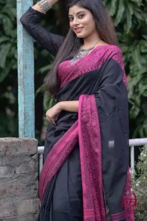 Black on Majenta threadwork Manipuri pattern handwoven mercerised Cotton saree