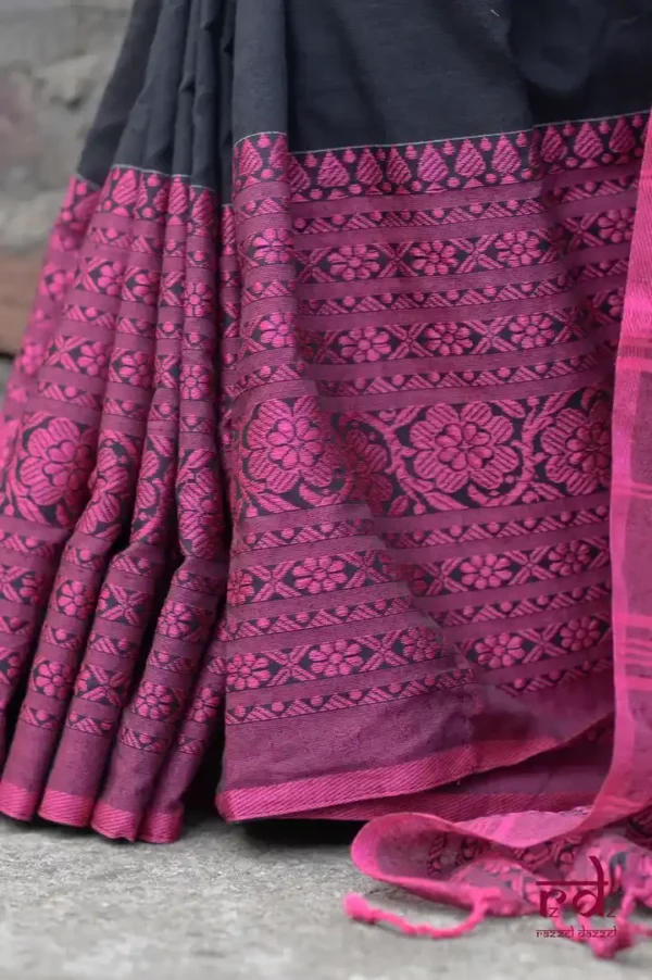Black on Majenta threadwork Manipuri pattern handwoven mercerised Cotton saree