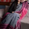 Grey on pink,black threadwork Manipuri pattern handwoven mercerised Cotton saree