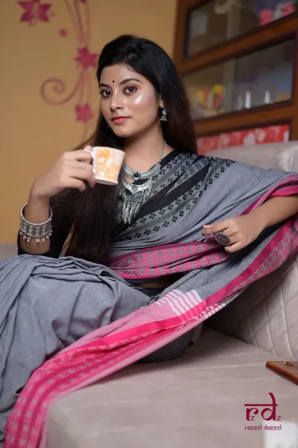 Grey on pink,black threadwork Manipuri pattern handwoven mercerised Cotton saree