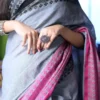 Grey on pink,black threadwork Manipuri pattern handwoven mercerised Cotton saree