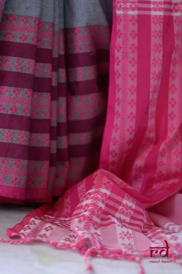 Grey on pink,black threadwork Manipuri pattern handwoven mercerised Cotton saree