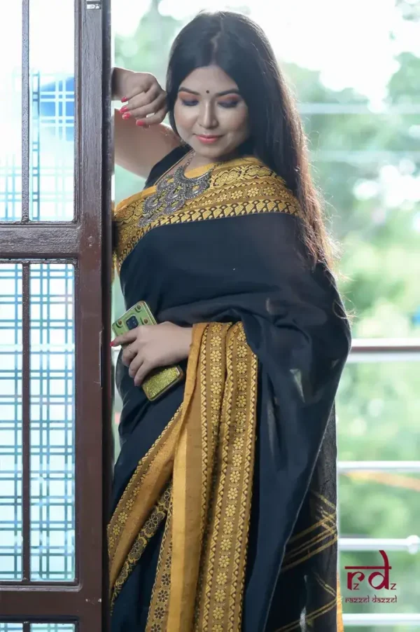Black on Yellow Handcrafted resham border on Cotton Handloom Saree