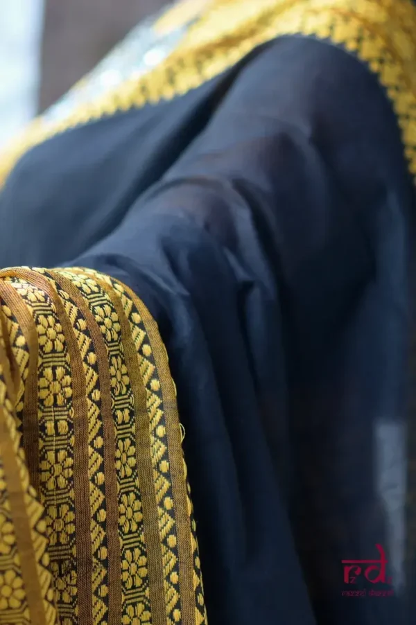 Black on Yellow Handcrafted resham border on Cotton Handloom Saree