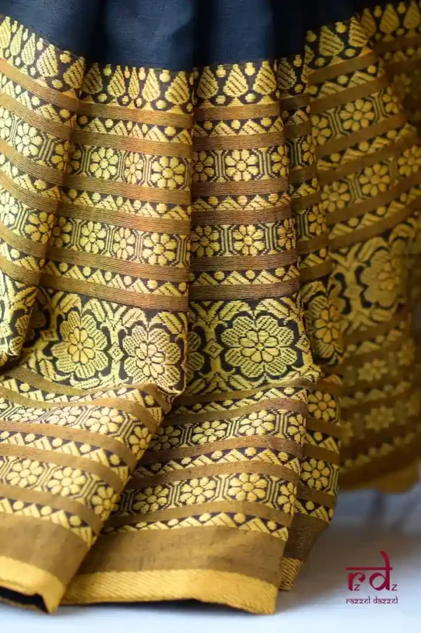 Black on Yellow Handcrafted resham border on Cotton Handloom Saree