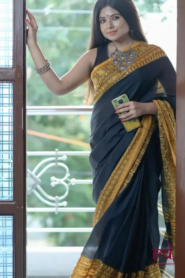 Black on Yellow Handcrafted resham border on Cotton Handloom Saree