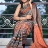 Grey,Orange nBlack threadwork Manipuri pattern handwoven mercerised Cotton saree