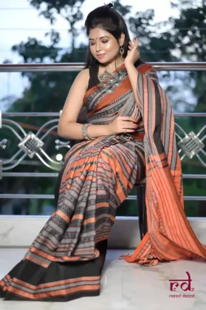 Grey,Orange nBlack threadwork Manipuri pattern handwoven mercerised Cotton saree
