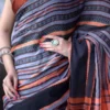 Grey,Orange nBlack threadwork Manipuri pattern handwoven mercerised Cotton saree