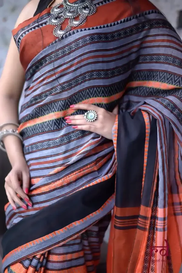 Grey,Orange nBlack threadwork Manipuri pattern handwoven mercerised Cotton saree