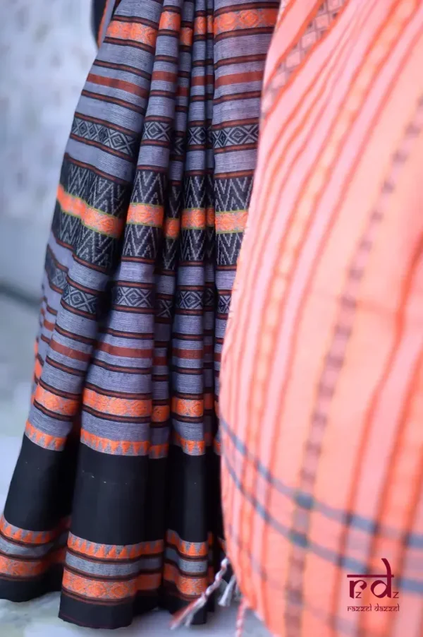 Grey,Orange nBlack threadwork Manipuri pattern handwoven mercerised Cotton saree