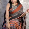 Grey,Orange nBlack threadwork Manipuri pattern handwoven mercerised Cotton saree