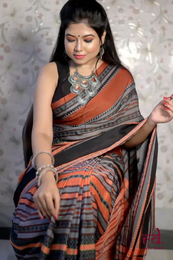Grey,Orange nBlack threadwork Manipuri pattern handwoven mercerised Cotton saree