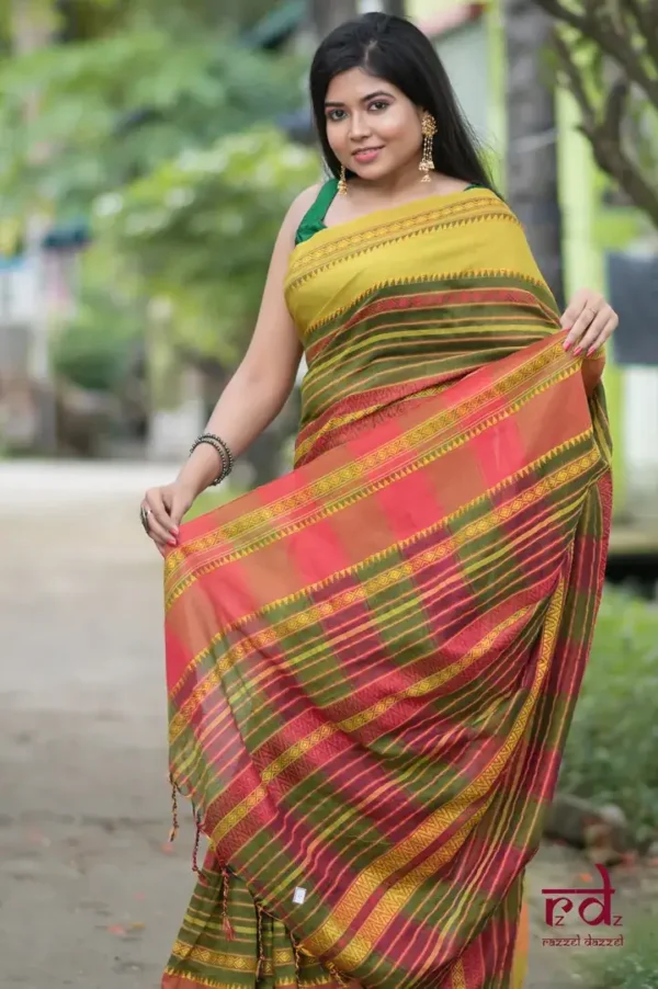 Green Red threadwork Manipuri pattern handwoven mercerised Cotton saree