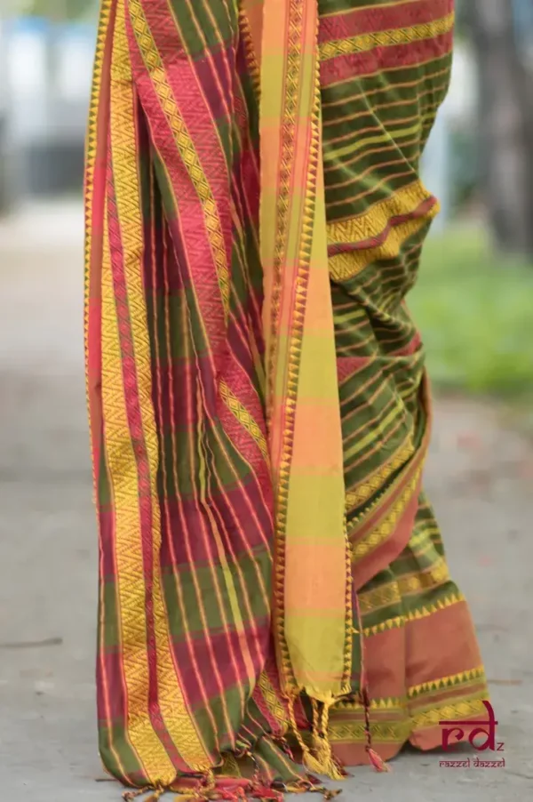 Green Red threadwork Manipuri pattern handwoven mercerised Cotton saree