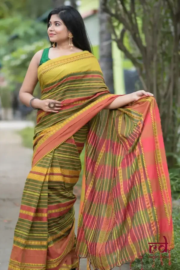 Green Red threadwork Manipuri pattern handwoven mercerised Cotton saree