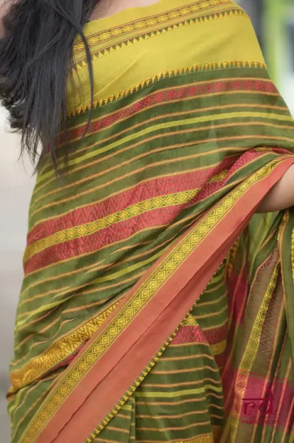 Green Red threadwork Manipuri pattern handwoven mercerised Cotton saree