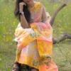 Biscuit on Multicolor floral work Pure Resham silk Soft Jamdani saree