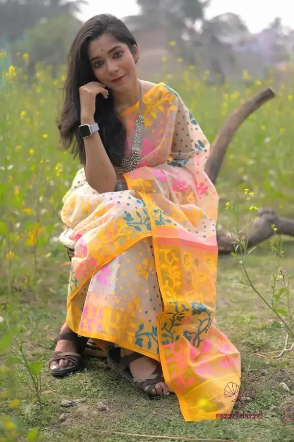 Biscuit on Multicolor floral work Pure Resham silk Soft Jamdani saree