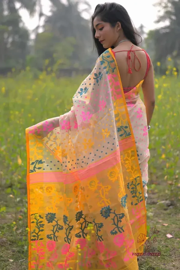 Biscuit on Multicolor floral work Pure Resham silk Soft Jamdani saree