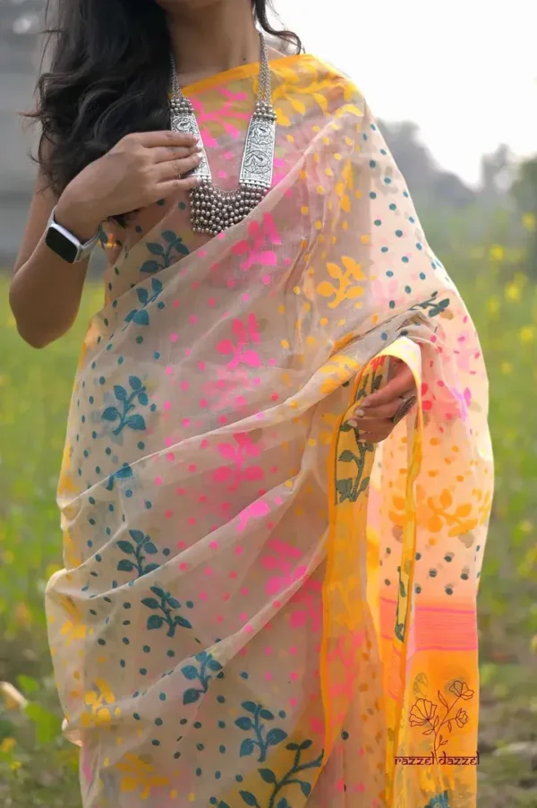 Biscuit on Multicolor floral work Pure Resham silk Soft Jamdani saree