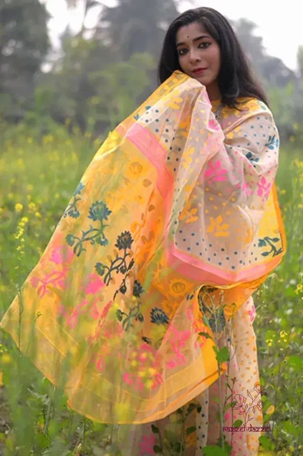 Biscuit on Multicolor floral work Pure Resham silk Soft Jamdani saree