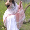 White with Red and Copper Zari Border on Pure Cotton silk saree