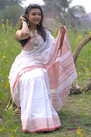 White with Red and Copper Zari Border on Pure Cotton silk saree