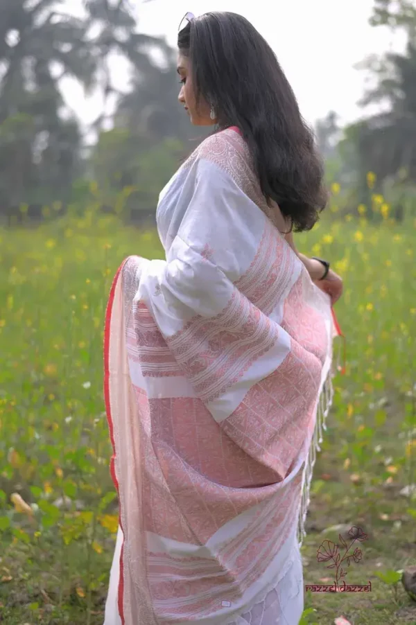 White with Red and Copper Zari Border on Pure Cotton silk saree