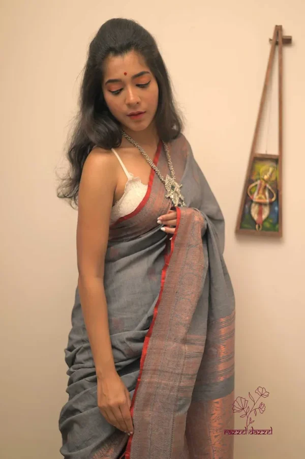 Grey with Red and Copper Zari Border on Pure Cotton silk saree