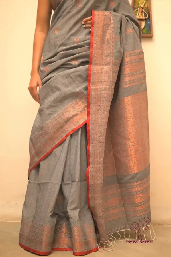 Grey with Red and Copper Zari Border on Pure Cotton silk saree
