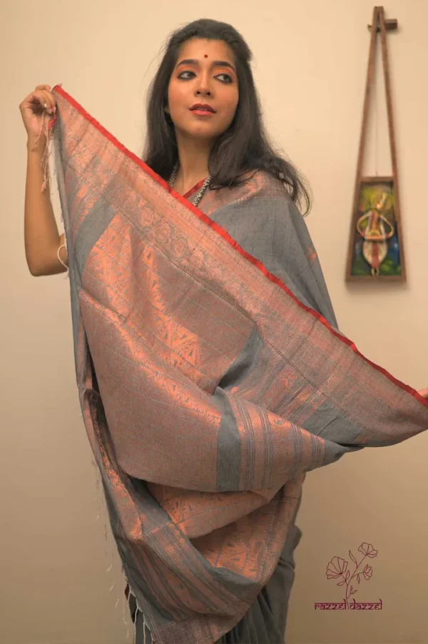 Grey with Red and Copper Zari Border on Pure Cotton silk saree