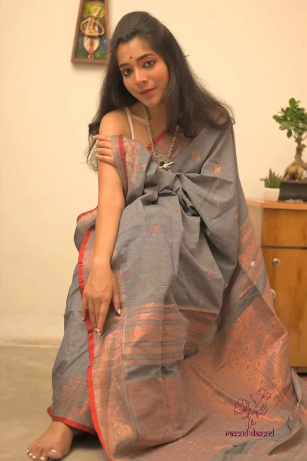 Grey with Red and Copper Zari Border on Pure Cotton silk saree