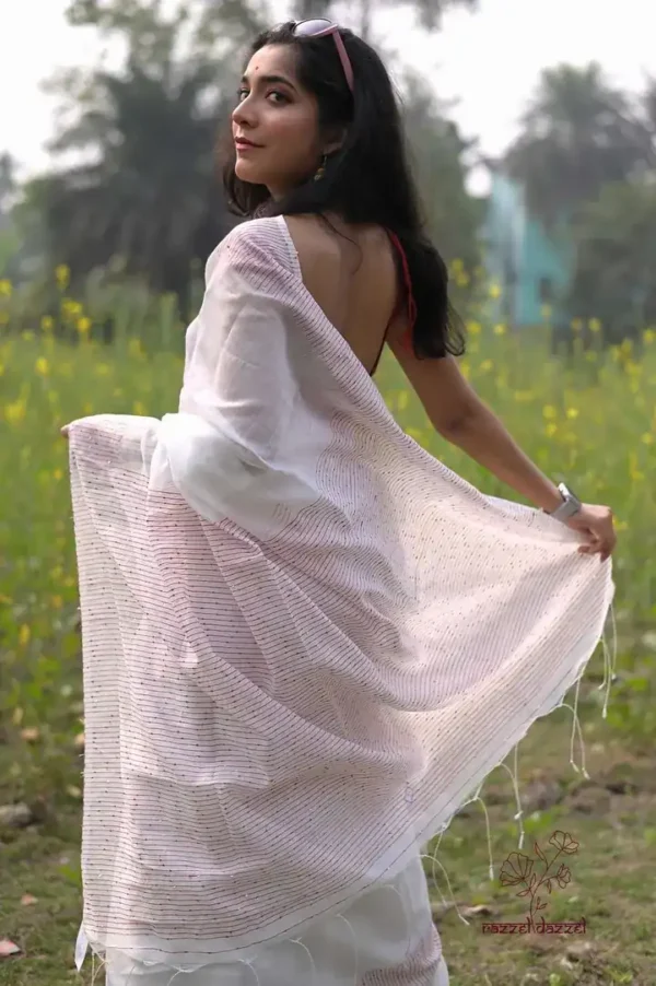 White with Red Border Sequence Pure Cotton silk saree