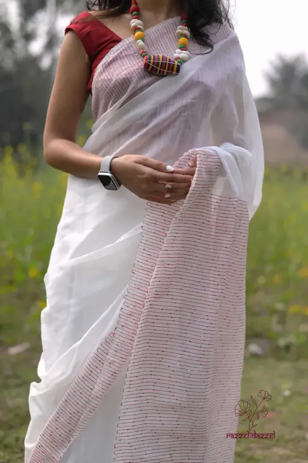 White with Red Border Sequence Pure Cotton silk saree