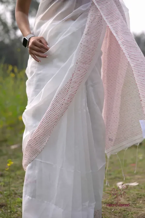 White with Red Border Sequence Pure Cotton silk saree