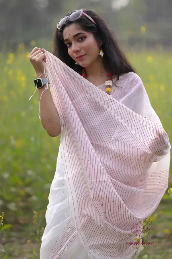 White with Red Border Sequence Pure Cotton silk saree