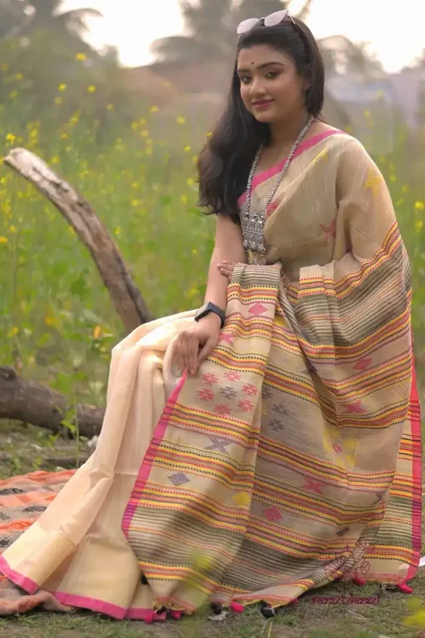 Biscuit with Pink Border Pure Cotton silk saree